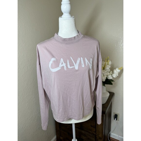 Calvin Klein Performance Brushed Logo Long Sleeve TShirt Crop Pink Top Large - Picture 1 of 12